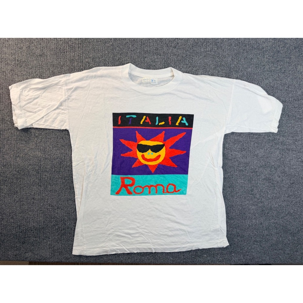 Vintage Italia Roma Graphic Tee XL White Cotton Short Sleeve 90s Retro T-Shirt